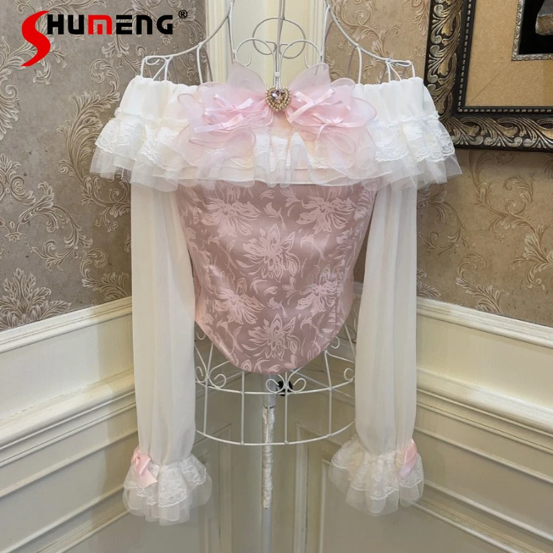 Princess Bowknot Love Diamond Lace Trim Tops Women Elegant Ruffled Collar Off-the-Shoulder Long Flared Sleeve Slim Short Shirts