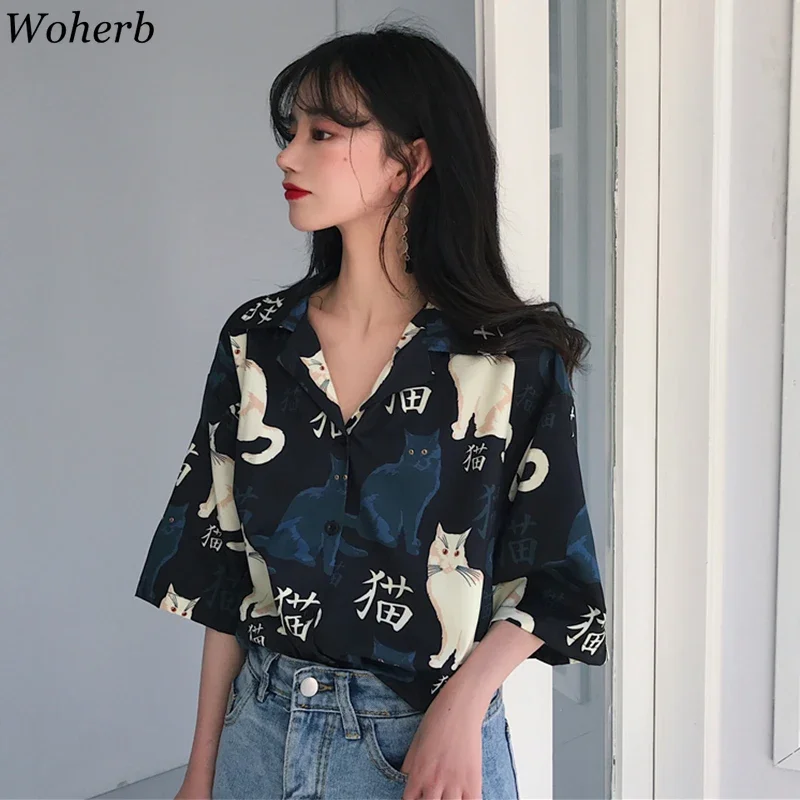 Woherb Harajuku Women Tops and Blouses 2025 Korean Fashion Clothing Cute Kawaii Shirts Cartoon Animal Cat Print Loose Blusas