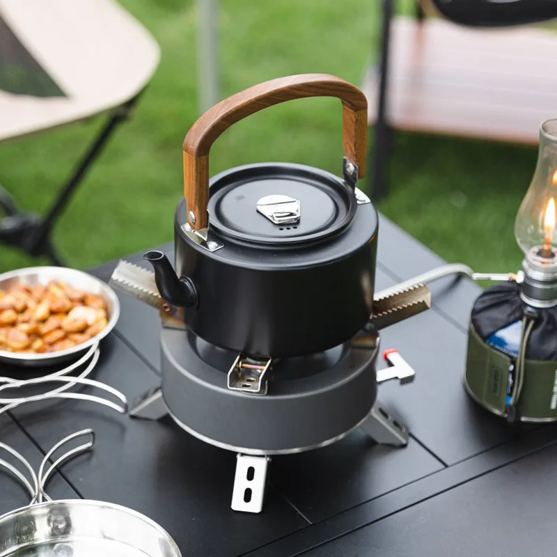 1.2L Lightweight Aluminum Alloy Camping Kettle with Wooden Handle Black And Gray Portable Outdoor Cooking Pot