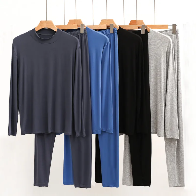 Men's Modal Cotton Thermal Underwear Set Slim Fit round Neck Thin Pure Color Warmth Pants And Shirt Autumn Winter Clothing
