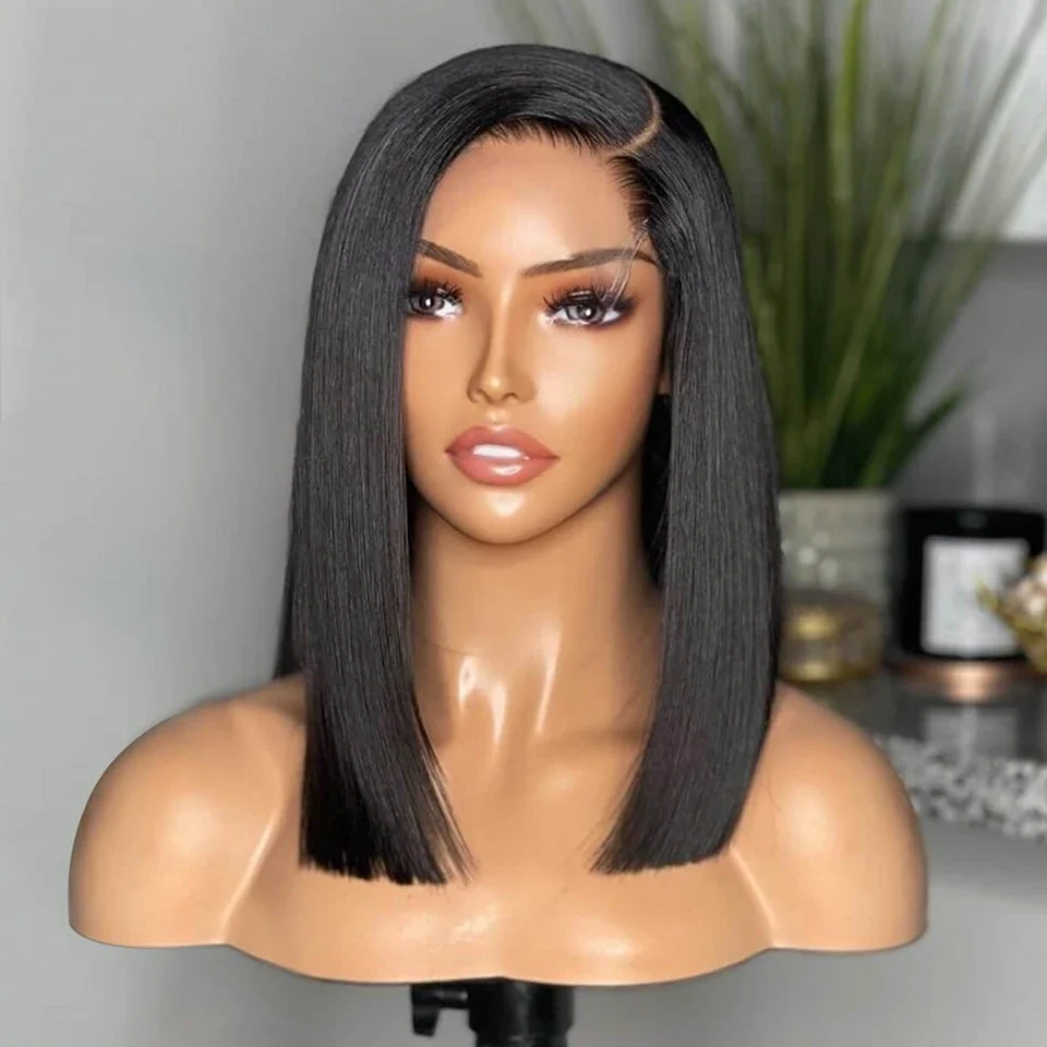 Wig rambut manusia bagian kiri untuk wanita 13x5x2 Wig Bob renda bagian lurus Wig Brasil 14 inci Perruque Cheveux Humains