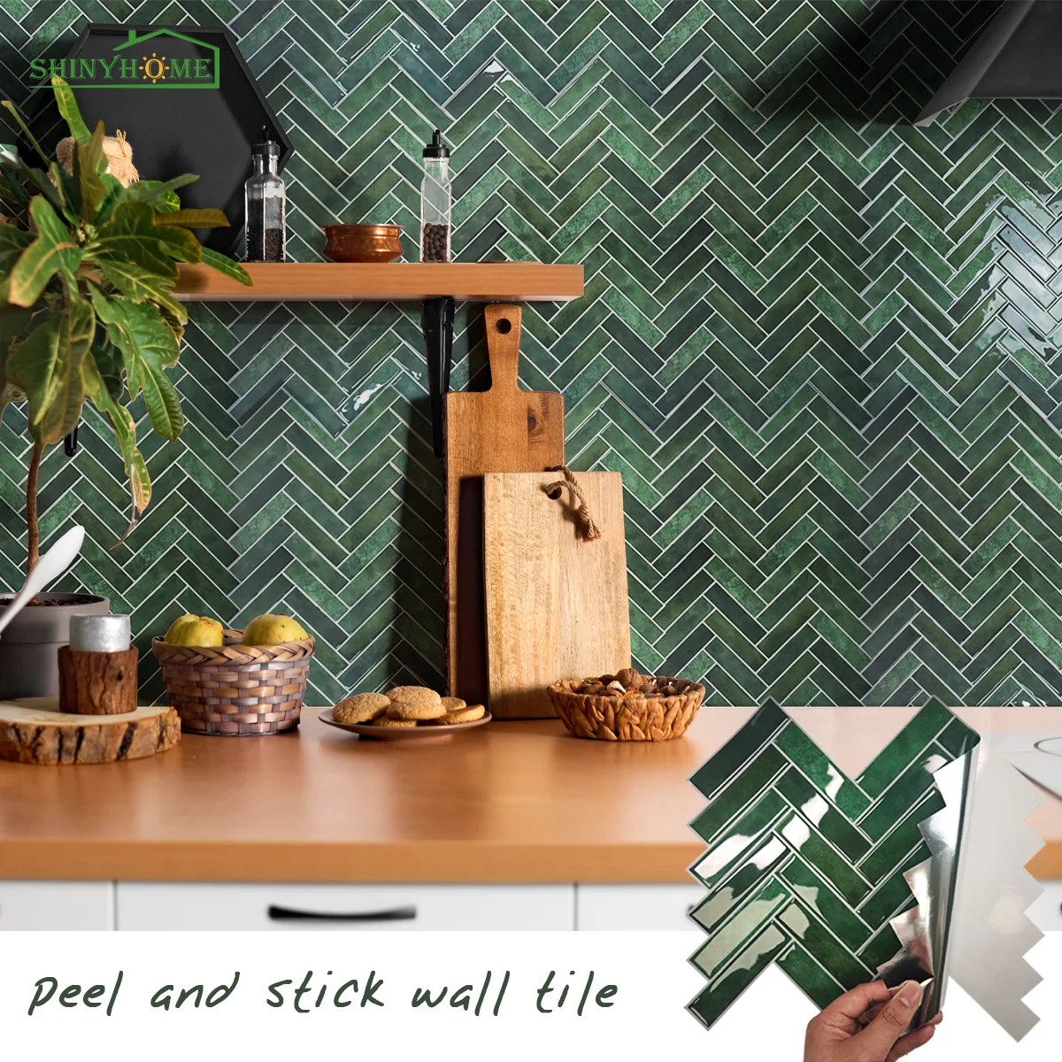 1/10/30pcs Green Herringbone 3D Self-adhesive Wall Tile, Heat Resistant Peelable Kitchen Backsplash, Waterproof Bathroom Wall Ti