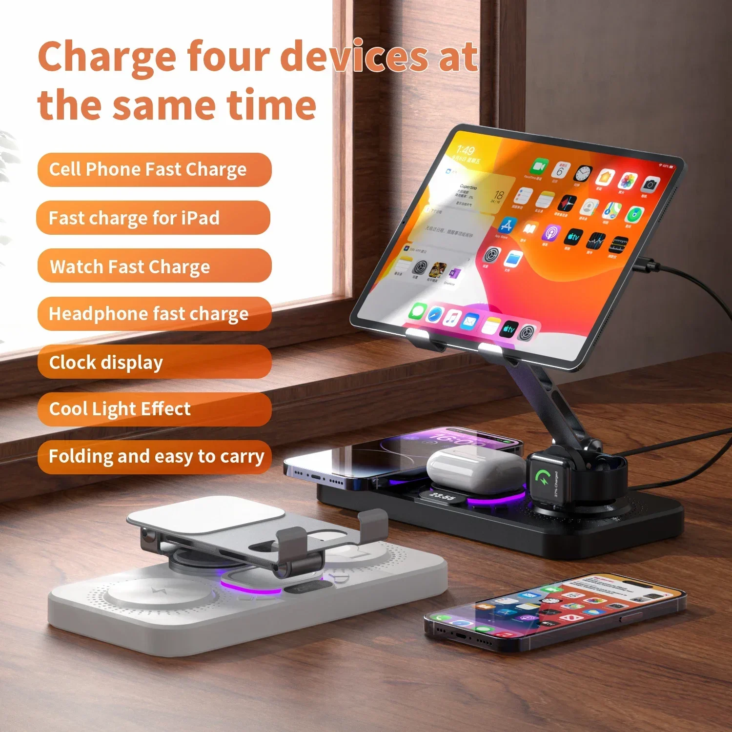 6 in 1 Fast Wireless Charger Desktop Tablet Holder LED Light Clock Type C Port For Magsafe iPhone 16-12 Apple Watch 9/8 AirPods