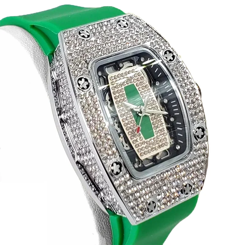 2025 Hot Selling Green Watch For Women Fashion Tonneau Quartz Clock Ladies Elegant Iced Diamond Jewelry Wrist Watch Girl Gift