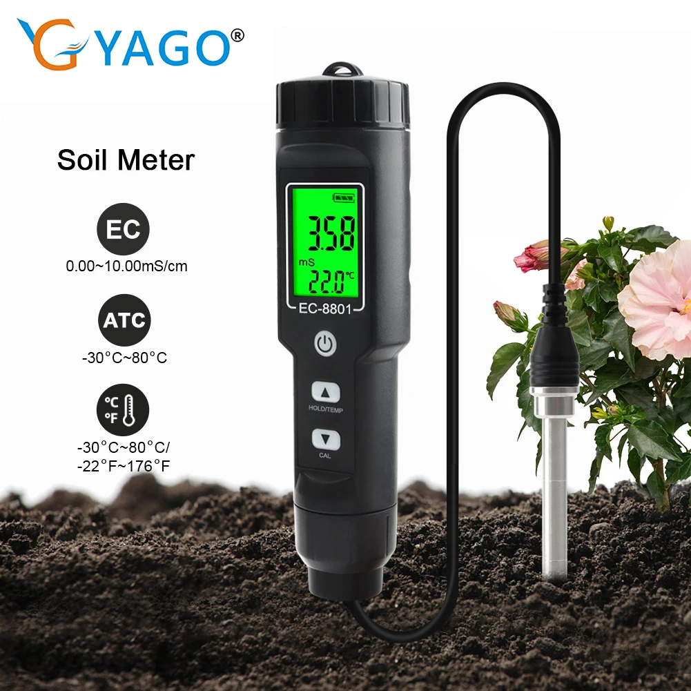 

Multi-function Soil EC Tester LCD Digital Thermometer Waterproof Backlight Detachable Probe Automatic Temperature Compensation