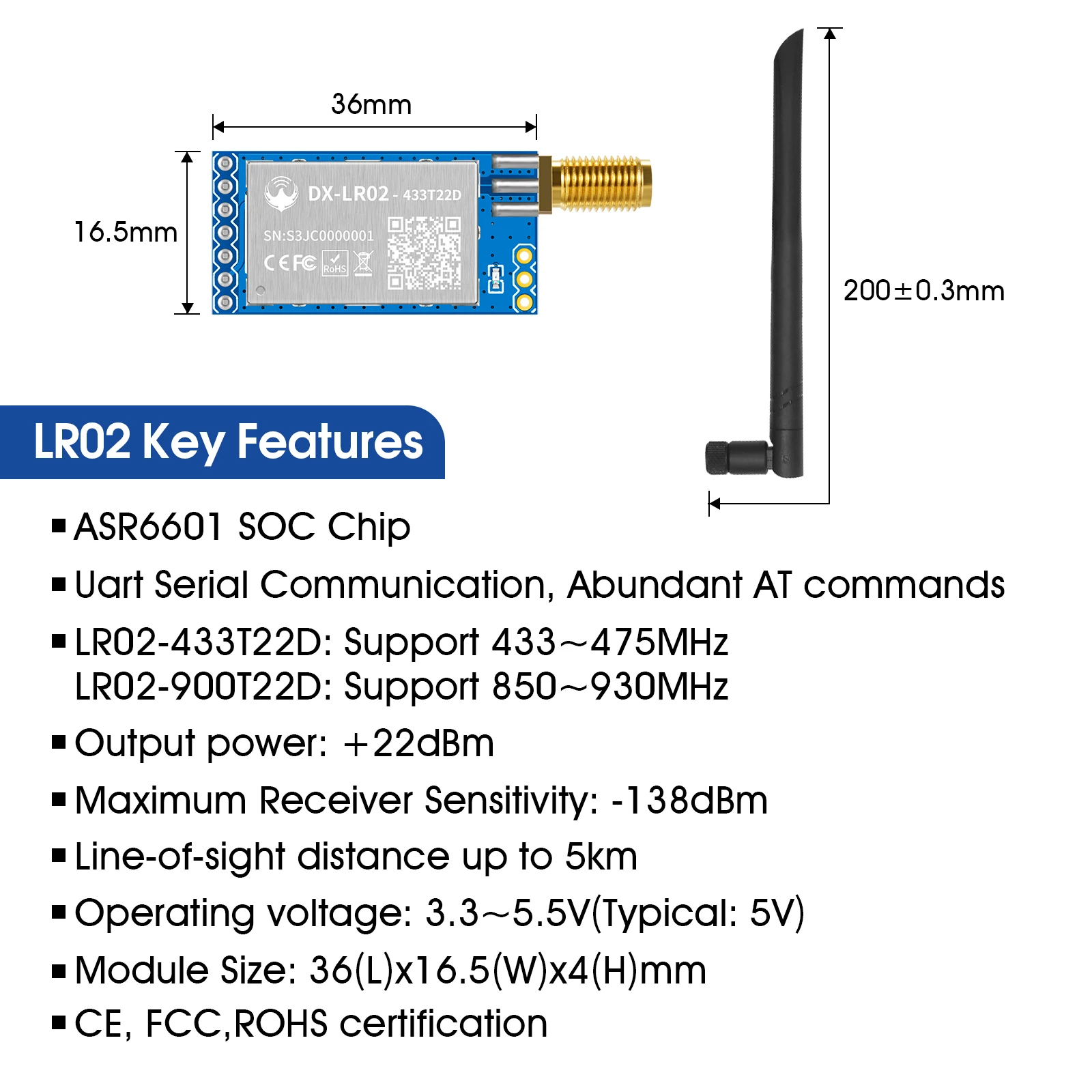 DX-LRO2 Product Set 433MHz LoRa ASR6601 Long Range 8KM 22dBm 
