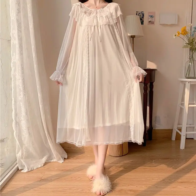 Nightgowns Women Princess Sweet Lace Patchwork O-neck Fairy Long Sleeve Nightdress Elegant Students Fashion Aesthetic Daily Ins