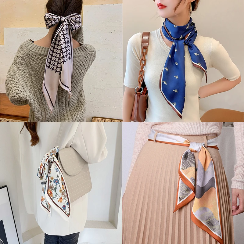 Designer Small Silk Square Scarf Women Narrow Long Leopard Striped Print Handkerchief Lady Head Hair Band Scarfs Kerchief Female