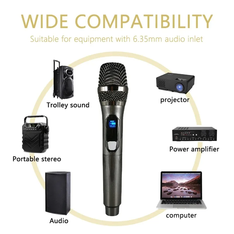 Wireless Microphone 2 Channels UHF Dual Handheld Dynamic Microphone with Rechargeable battery For Karaoke Party Home Meeting