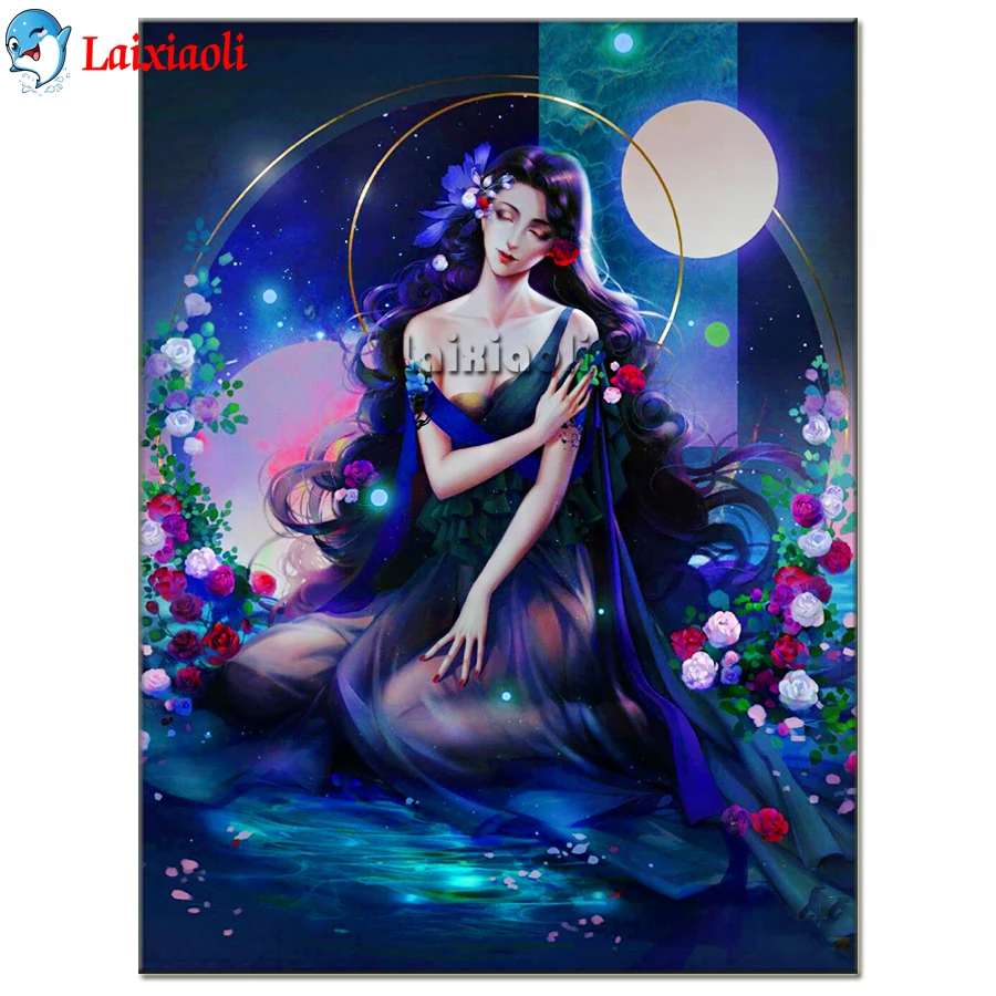 DIY Diamond Painting Elegant charming flower woman Rhinestones Diamond Embroidery Portrait Cross Stitch Mosaic Beaded Handicraft