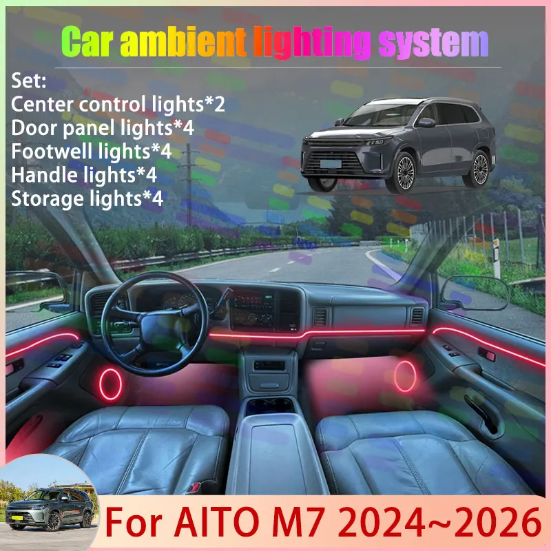 For AITO M7 2024 2025 2026 Seres 7 M7 2/24 in 1 Car Atmosphere Light Lamp RGB Shade Ensemble Streamer Atmosphere Set Auto Parts