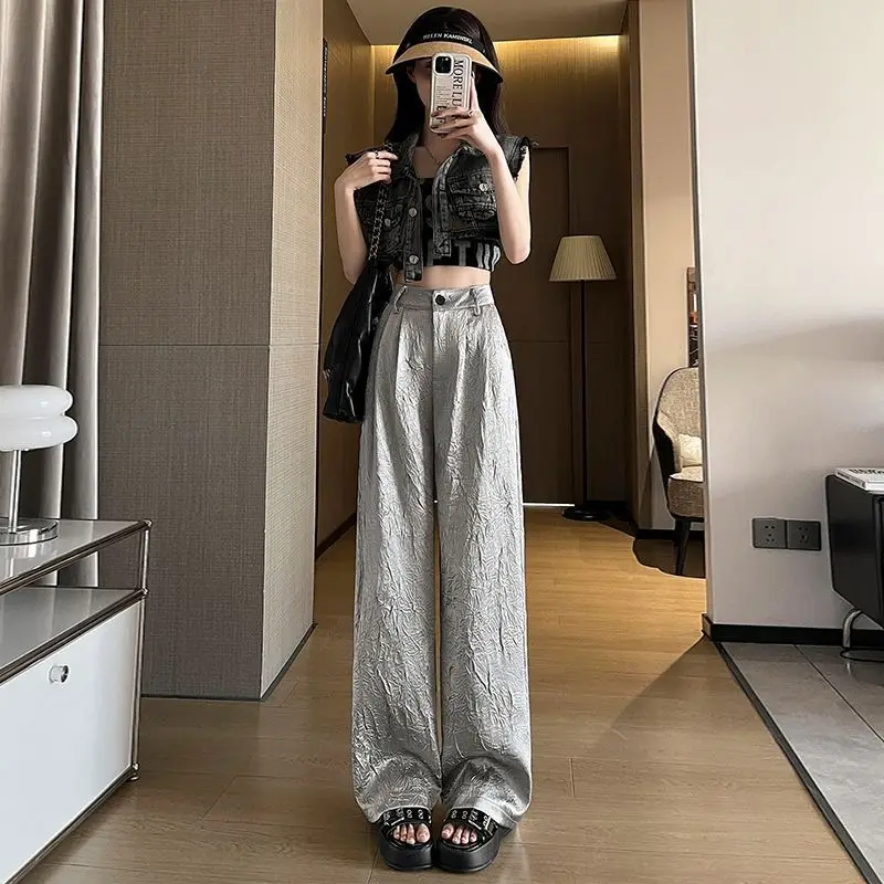 Korea Women'S Metallic Straight Pants Waist With Female Trousers Fashion Suit Pants Floor Mopping Pants
