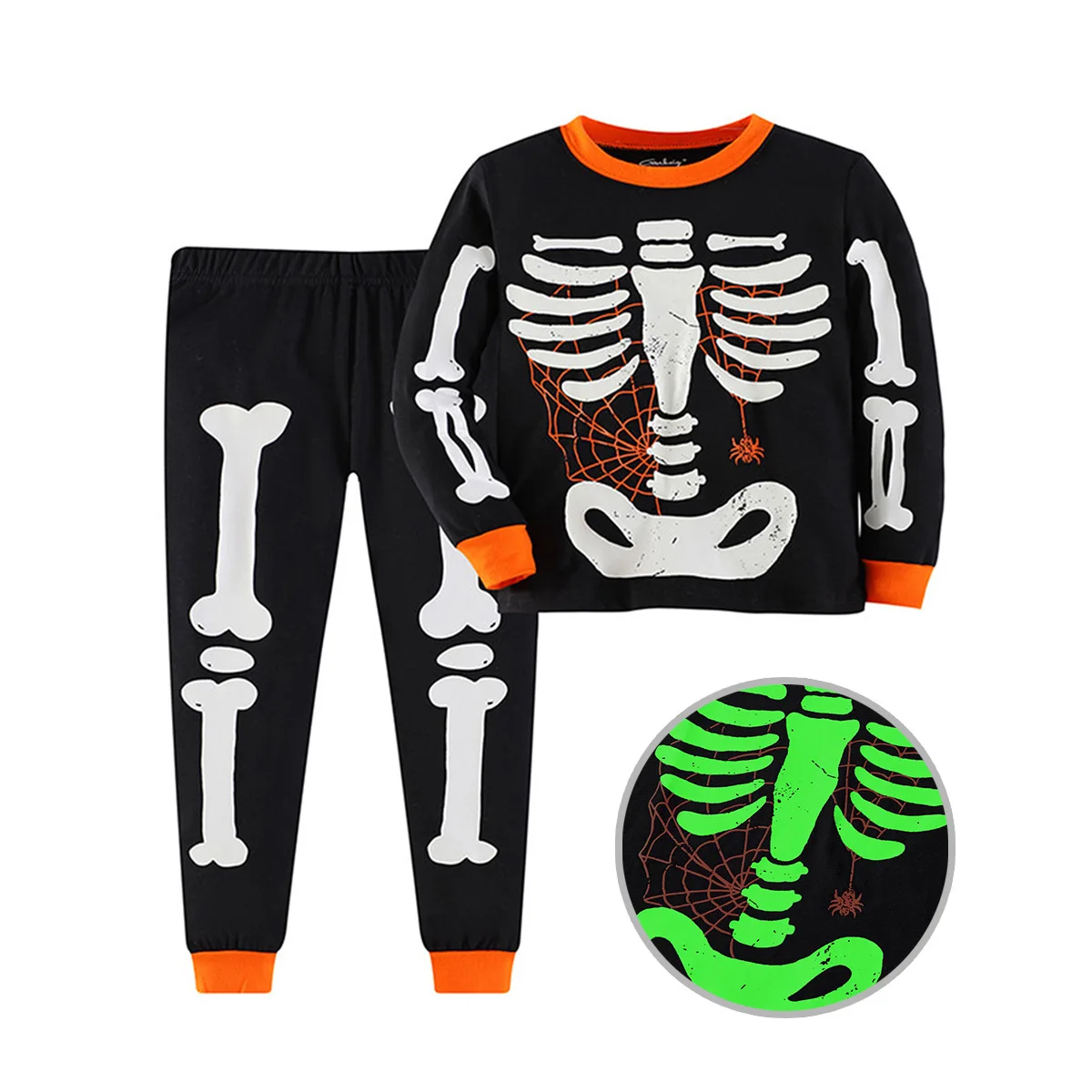 Halloween glow-in-the-dark patterned long-sleeved and long pants for boys, suitable for boys aged 2 to 9
