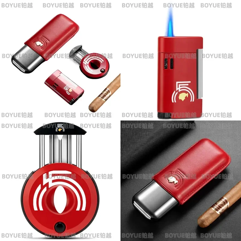 Premium Cigar Scissors Set with Windproof Lighter and Moisturizing Portable Case Sharp Cutting Tool for Tobacco Accessories