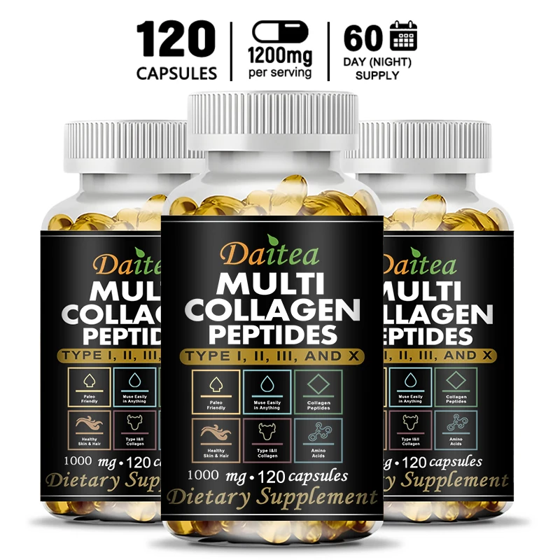 Multiple Collagen Peptide Supplements - ΤYPE I, II, III and X - Strengthens Hair, Nails, Skin, Joints, and Burns Fat