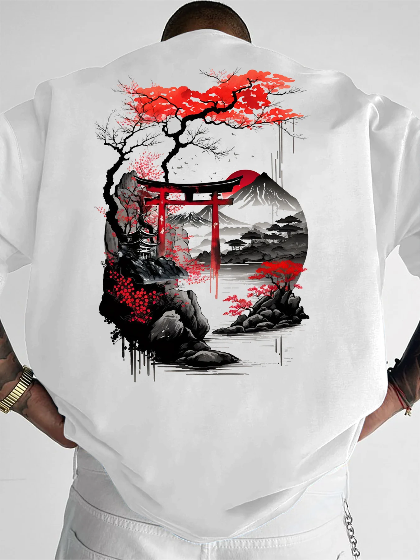 Japanese Torii Gate Fuji Mountain Red Maple Ink Graphic T-shirt Retro 90s Harajuku Back Print Unisex Oversized White Cotton Tee
