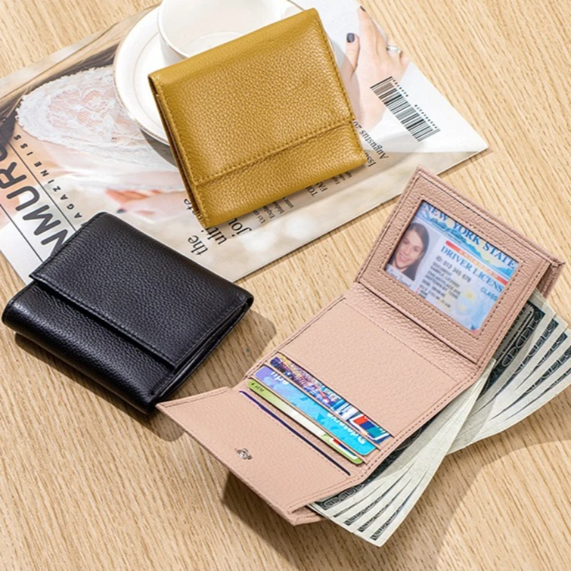 Trendy Genuine Leather Short Wallet for Women Multi-Color Trifold Purse with Coin Pocket Slim Japanese Leather Wallet Female