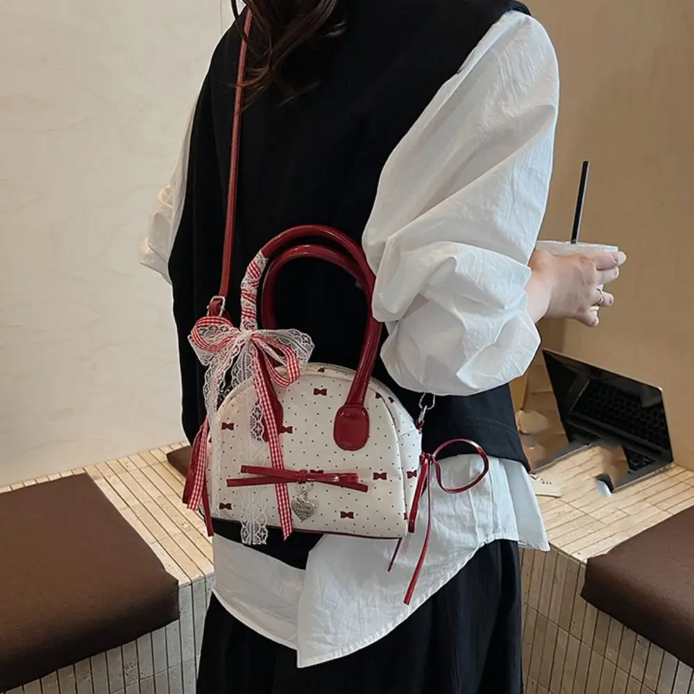 

French Style Bow Ribbons Bowling Bag Lace Ribbon Large Capacity Boston Shoulder Bag Elegant PU Leather Women Handbags School