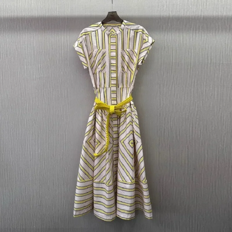 Geometrisches Midikleid mit Farbblock-Aufdruck für Damen, Rundhalsausschnitt, kurze Ärmel, plissierter Saum, Sommerkleid aus Baumwolle