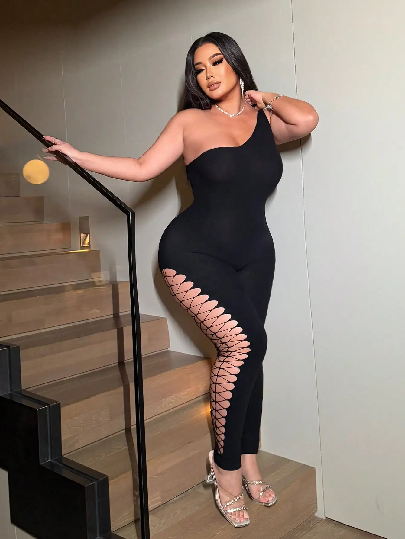 

Women Sexy One Shoulder Black Jumpsuit Leg Fishnet Cutout Design Night Club Party Slin Fit Jumpsuit