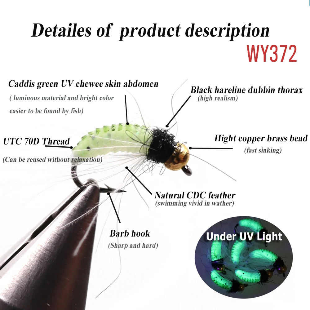 Vtwins Brass Bead Caddis Larva Pupa Nymph Feather Hackle UV Bug Worm Wet Flies Artificial Insect For Trout Fishing Fly Bait Lure