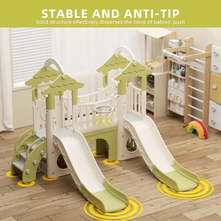 8in1 Toddler Slide Indoor Playground Sets Toddler Outdoor Playset Backyards Slides for Age 1+ with Double SlidesGrassroof Climb