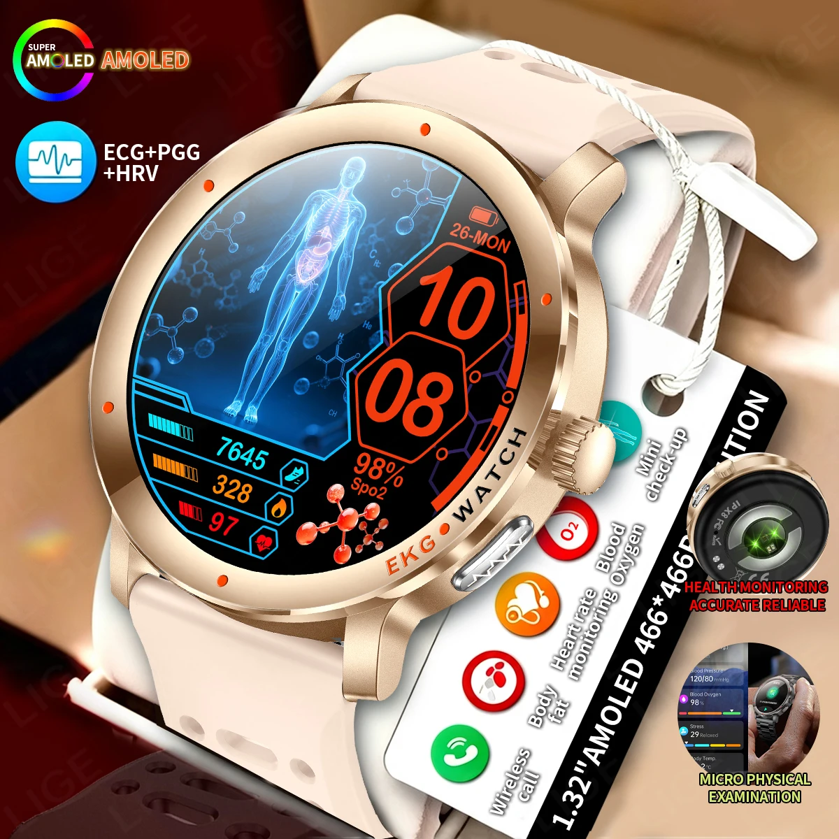 LIGE New Fashion ECG Smart Watch Health Analysis Blood Oxygen Uric Acid Wireless Call 1.32-inch AMOLED Smartwatch For Men Women