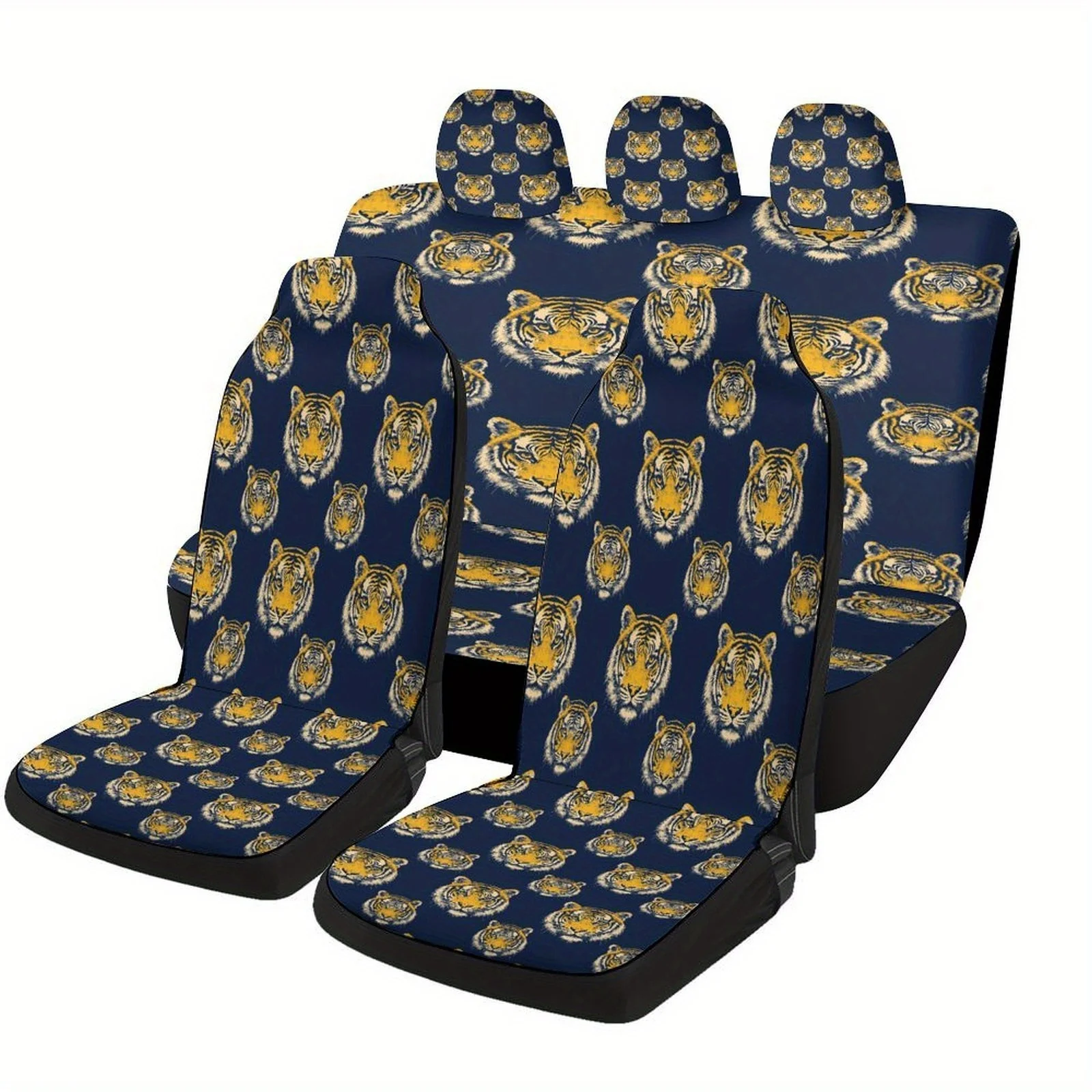 Set Of Car Seat Covers Featuring A Tiger Pattern, Suitable For A Variety Of Vehicles. Stylish And Unique, This Complete Set Incl