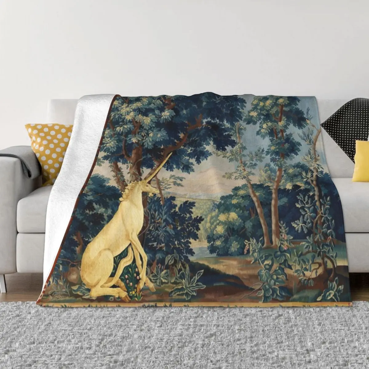 UNICORN IN WOODLAND LANDSCAPE AMONG GREENERY AND TREES Throw Blanket Softest Plaid on the sofa Loose Plush Blankets