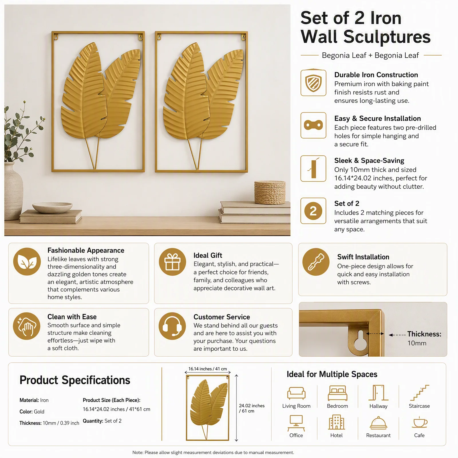 2PCS Gold Iron Leaf Wall Decor Set, Golden Metal Begonia Leaf Wall Art Hanging 41x61cm with Frame, Modern 3D Textured Wall Decoration for Living Room Bedroom Office, Gold