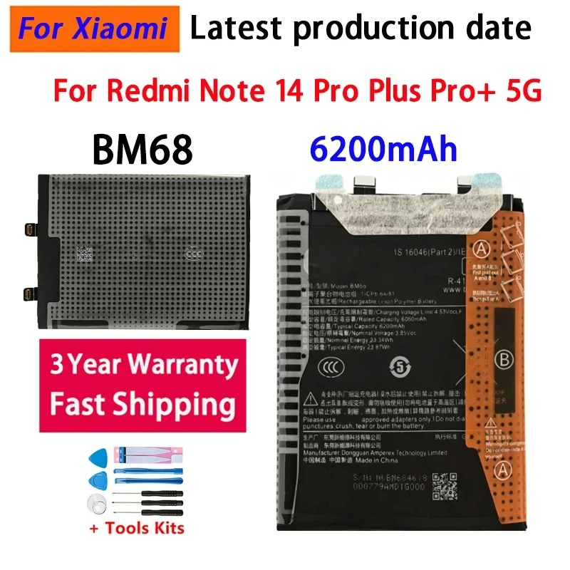 NEW BM68 6200Mah For Xiaomi Redmi Note 14 Pro Plus Note14 Pro+ 5G High Quality Mobile Phone Batteries Bateria Batterij+Tools