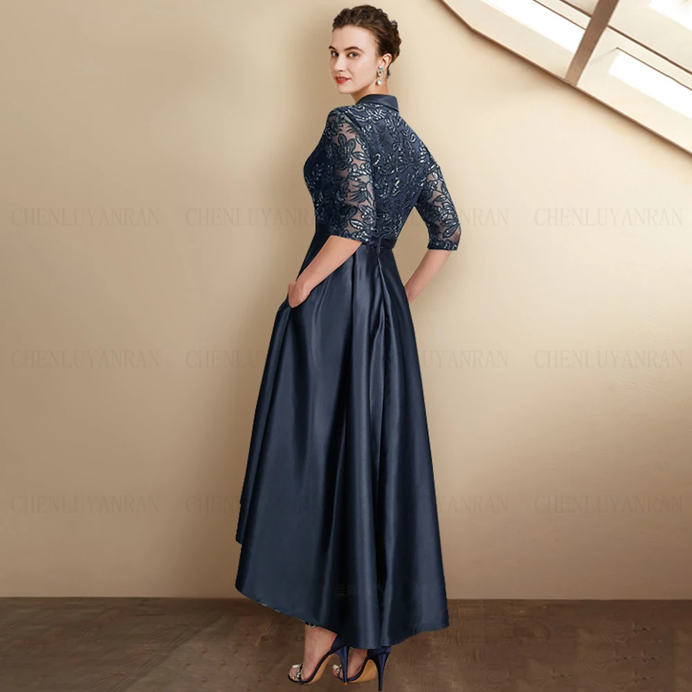 Satin Mother of the Bride Dresses 2024 Navy Blue A-line Formal Wedding Guest Gowns Short Sleeves Elegant Dress Women For Wedding