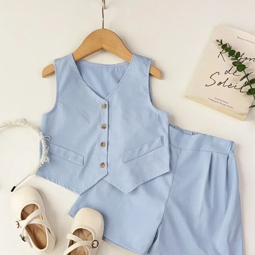 Summer Blue Baby Girls and Boys Suit Solid Color Casual Basic Kids Clothes Sleeveless Single Breasted Top+Shorts 2-piece Set