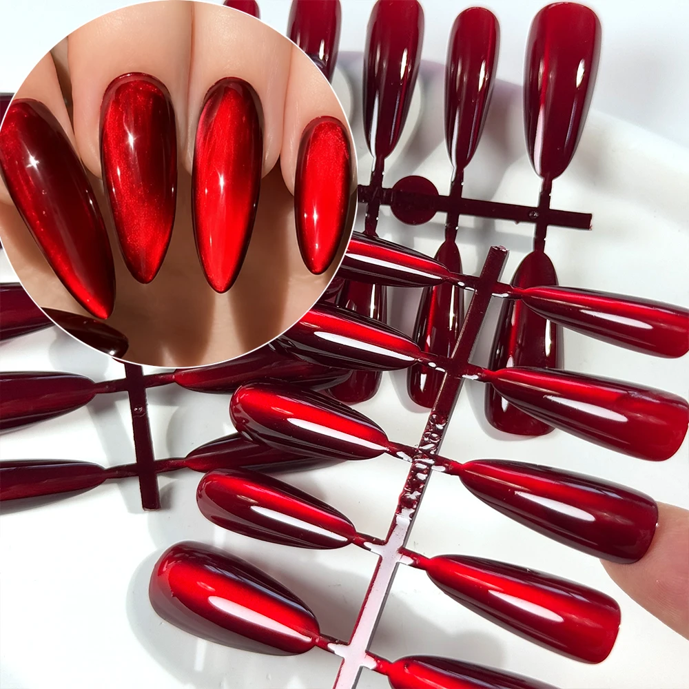 30Pcs Halloween Blood-Red Glossy False Nails Red Cat's Eye Almond Press On Nails M/S/XS Detachable Finished Acrylic Fake Nails#-
