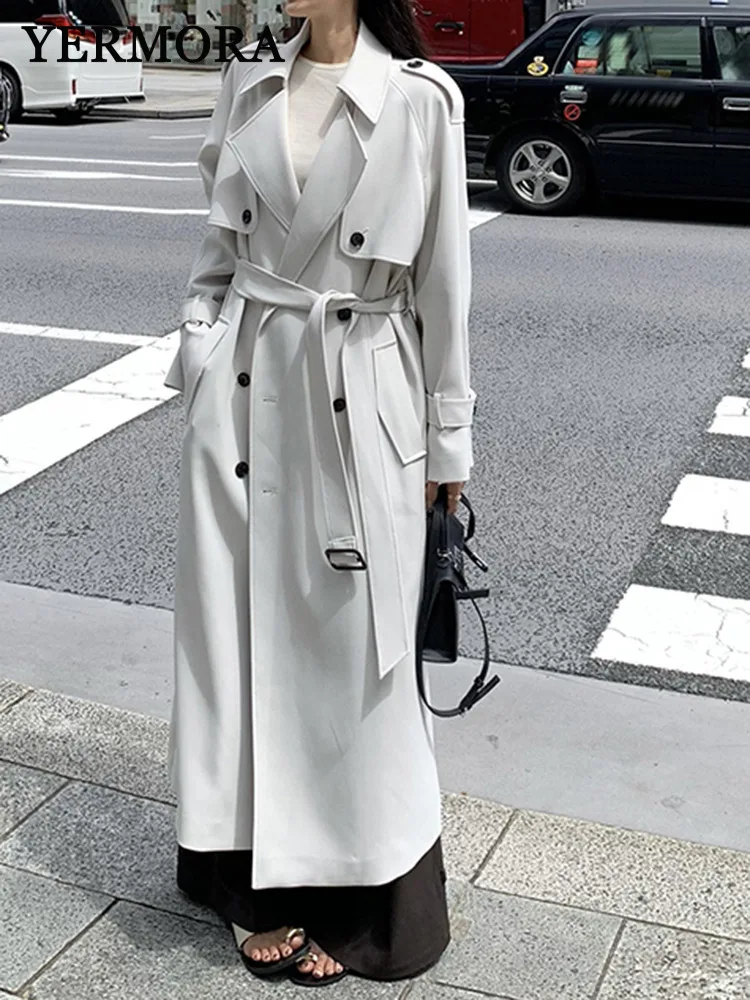 

YERMORA White Button Belted Pocket Trench For Women Lapel Long Sleeve Loose New Windbreaker Fashoin Tide Spring Autumn 2025