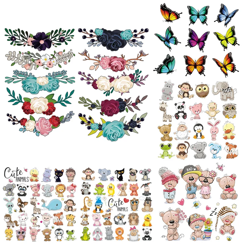 6 Sheet Small Flowers & Butterfly Animals Pattern Heat Transfer Stickers - Perfect for DIY Clothing & Accessories