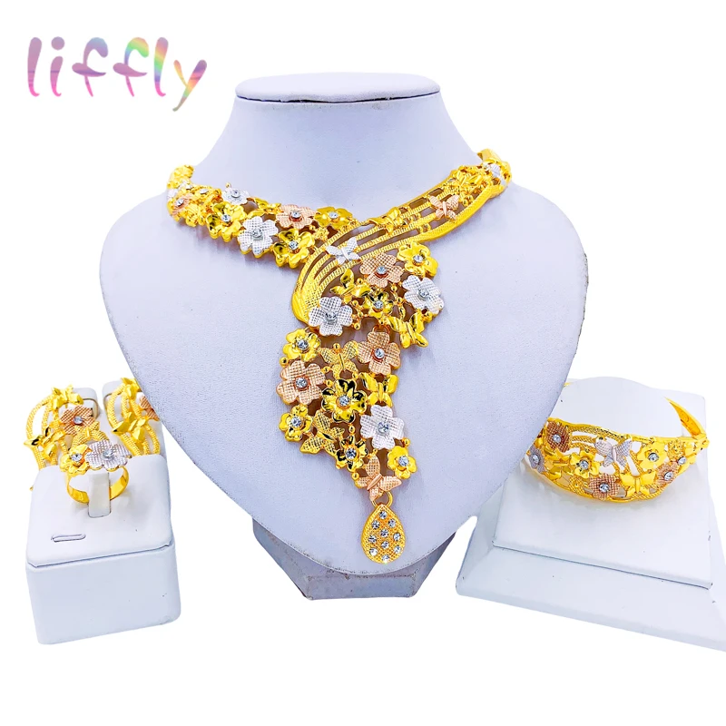 

Liffly New Fashion Jewelry Set Women's Colorful Flower Pendant Necklace Butterfly Bracelet Jewelry Earrings Ring Accessories