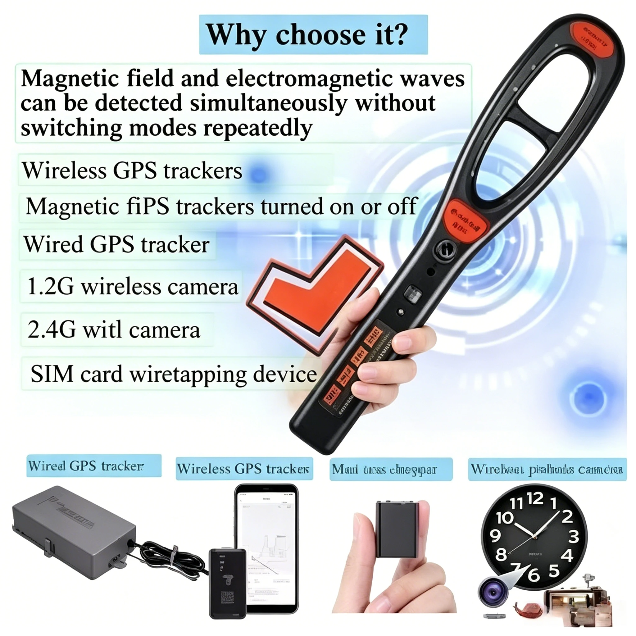 Handheld Security Scanner Wireless Car GPS Signal Detector For Detect Wireless RF Signal And Magnet Detector GPS Trace