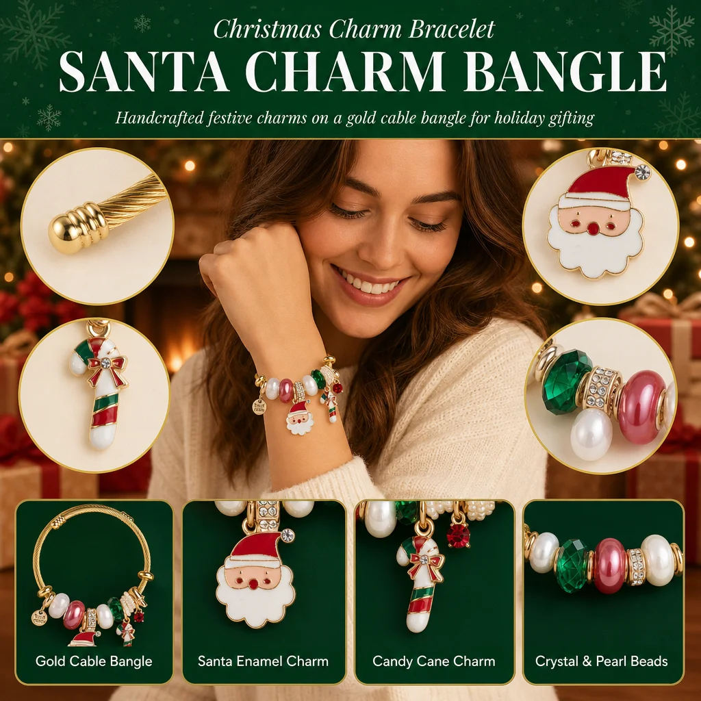 Christmas Stainless Steel Bracelet Women Gold Wire Cable Bangle Enamel Santa Candy Cane Charm Xmas Jewelry Holiday Party Girls