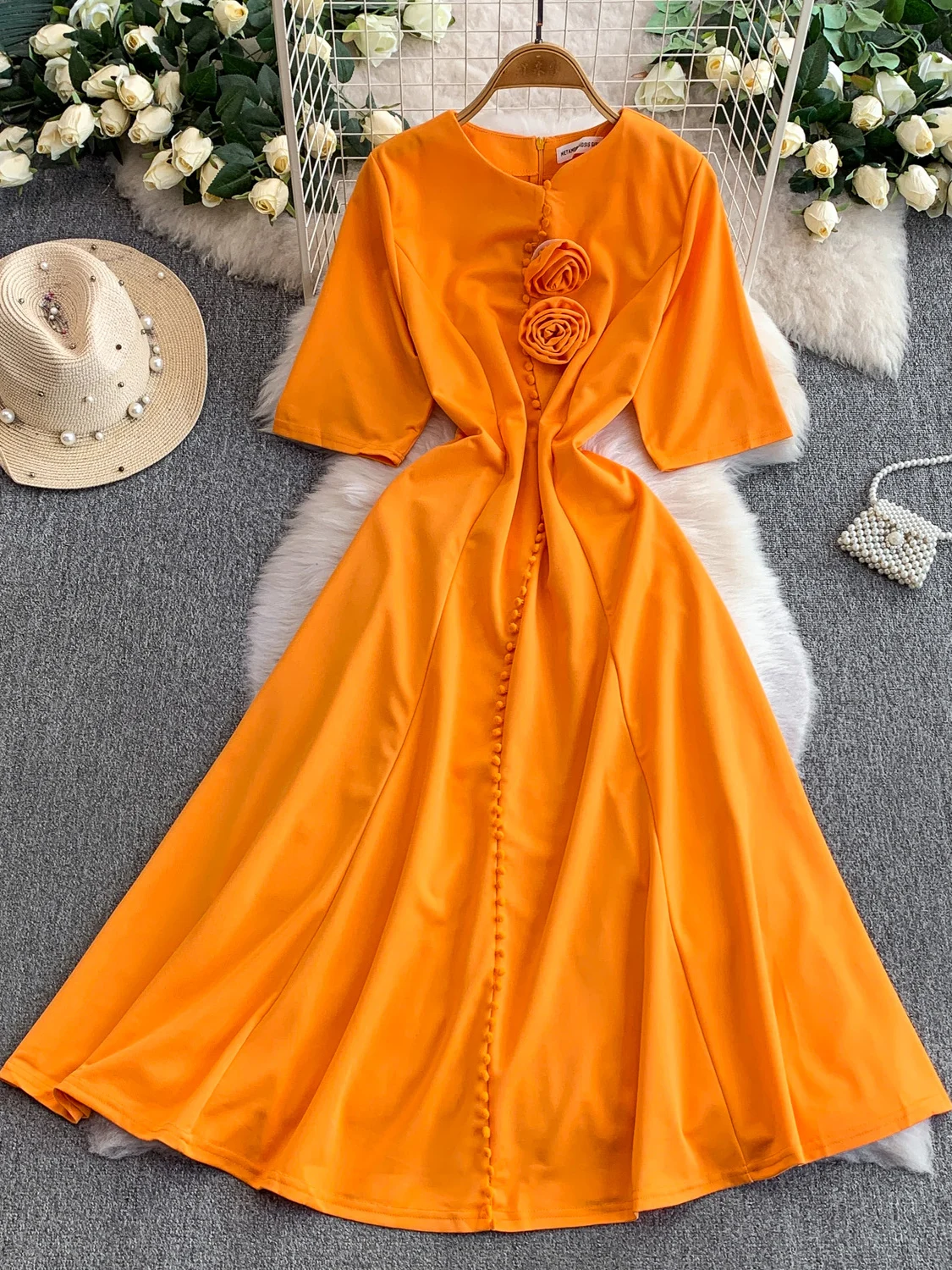 Ele round Ne Dr Women's Autumn Winter Single Button Slimming Full Skirt Long Dr French Sle High Waist A-Line Sk...