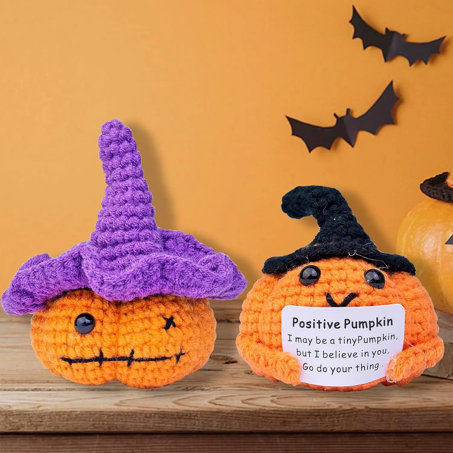 Crochet Positive Energy Pumpkin Doll With Card Home Room Decoration Handmade Adorable Animal Knitted Pumpkin Desktop Ornament