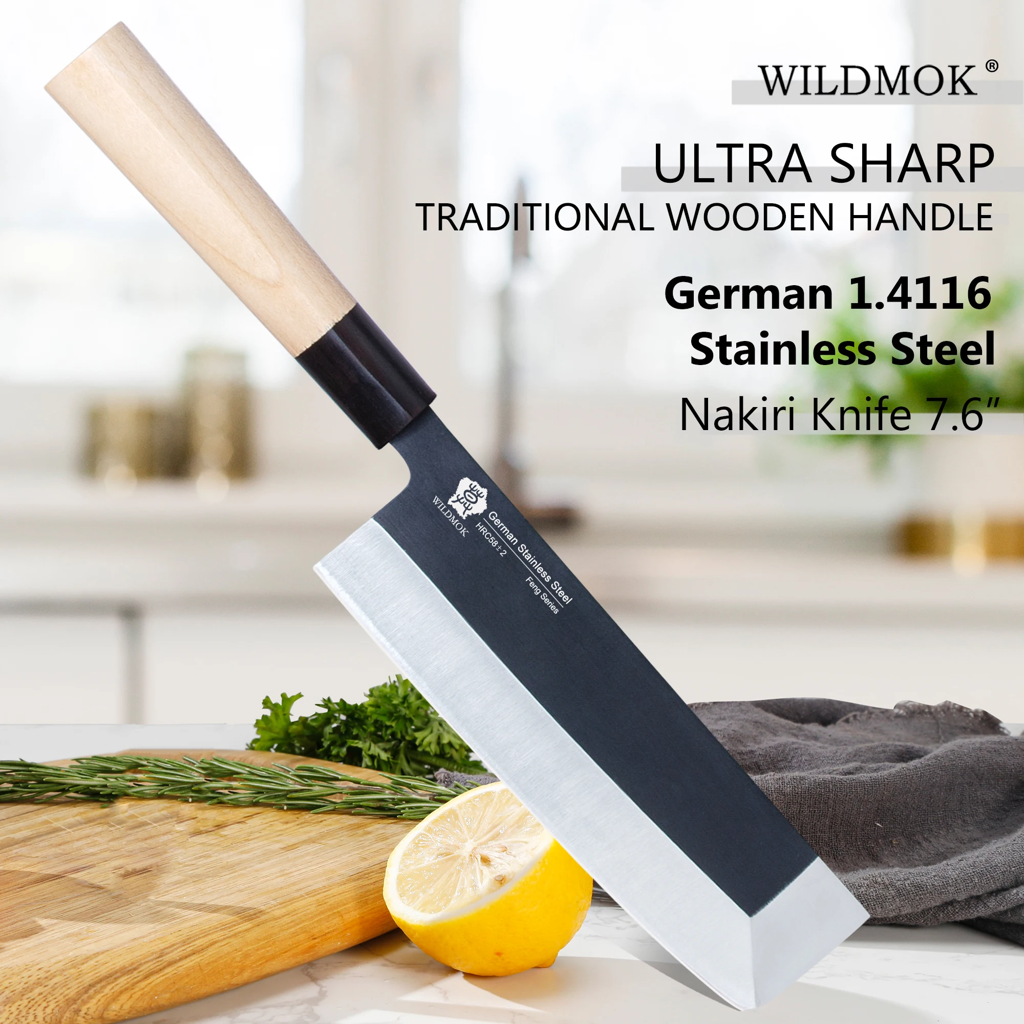 WILDMOK 7 Inch Nakiri Knife Germany Steel Sharp Kitchen Meat Cleaver Cutting Knives, & Traditional Wooden Handle