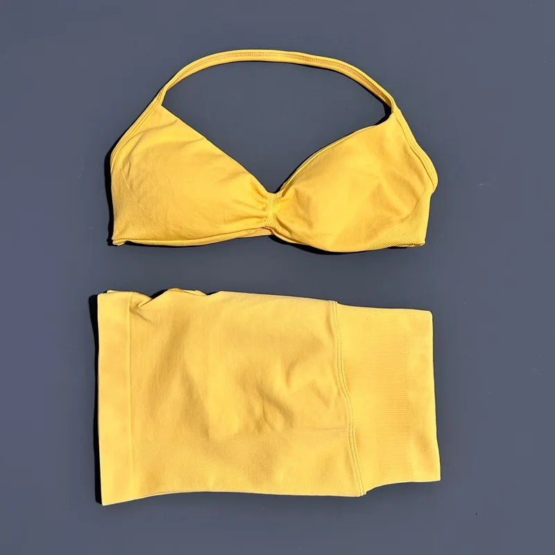 2-teiliges HISTELLO Sport-Set, nahtloser Yoga-BH mit Trägern, hohe Taille, Scrunch-Shorts, atmungsaktiv, elastisch, für Gym, Workout, Fitness, Kleidung – Detail 17