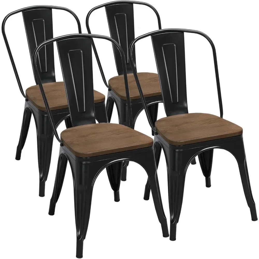 18 Inch Classic Iron Metal Dining Chair with Wood Top/Seat Indoor-Outdoor Use Chic Cafe Side Barstool Set of 4 Black