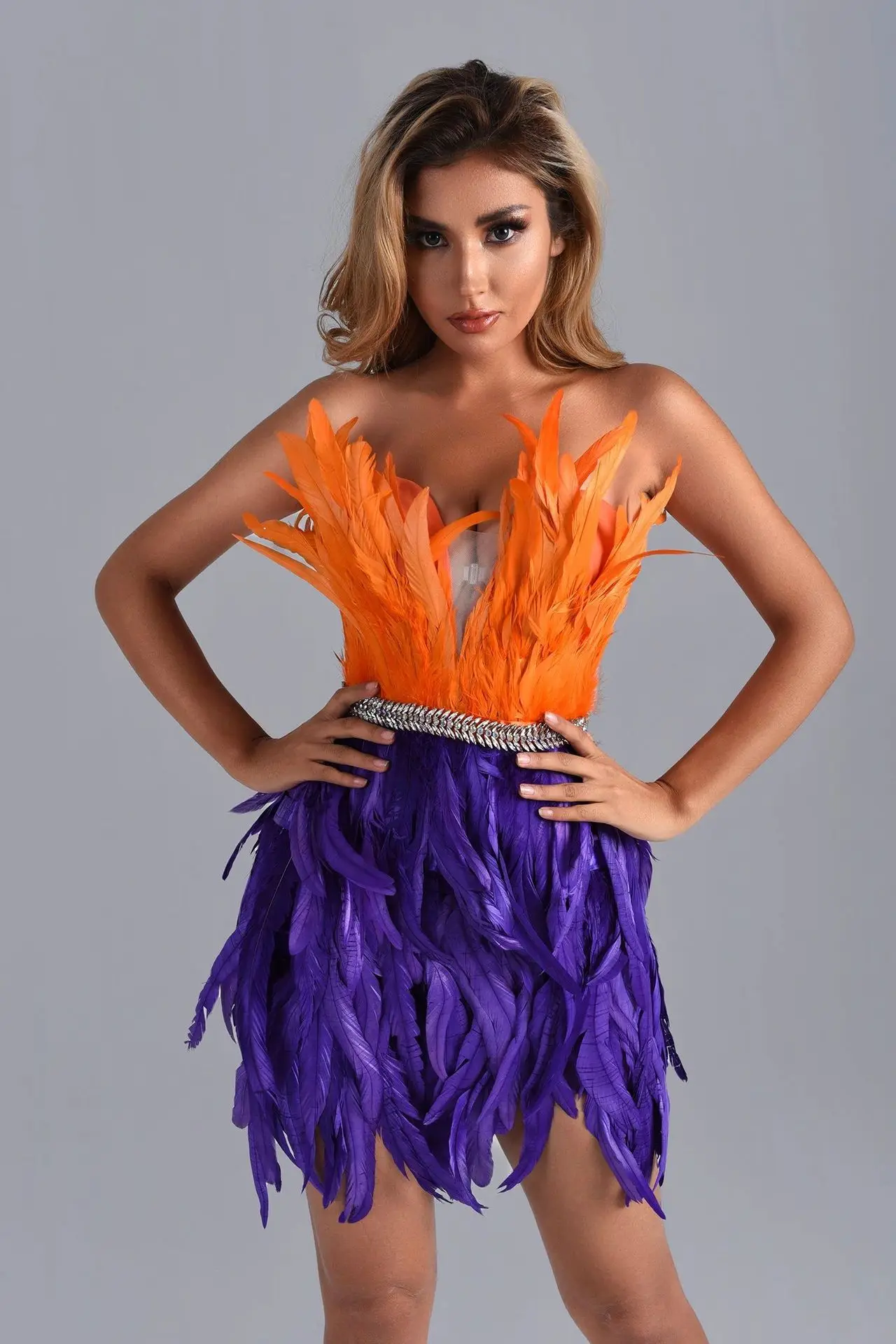 Women's Summer New Glam Sleeveless Dress Feather Spliced Fashion Hot Party Stage Performance Gown Party Wear Dress for The Women