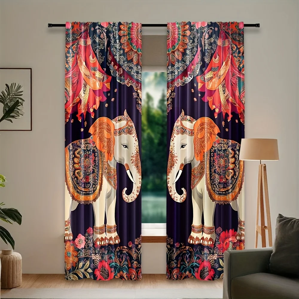 Graceful elephant pattern Print Drapes Room Darkening Window Curtains for Home Decor,Rod Pocket Blackout Curtains Bedroom