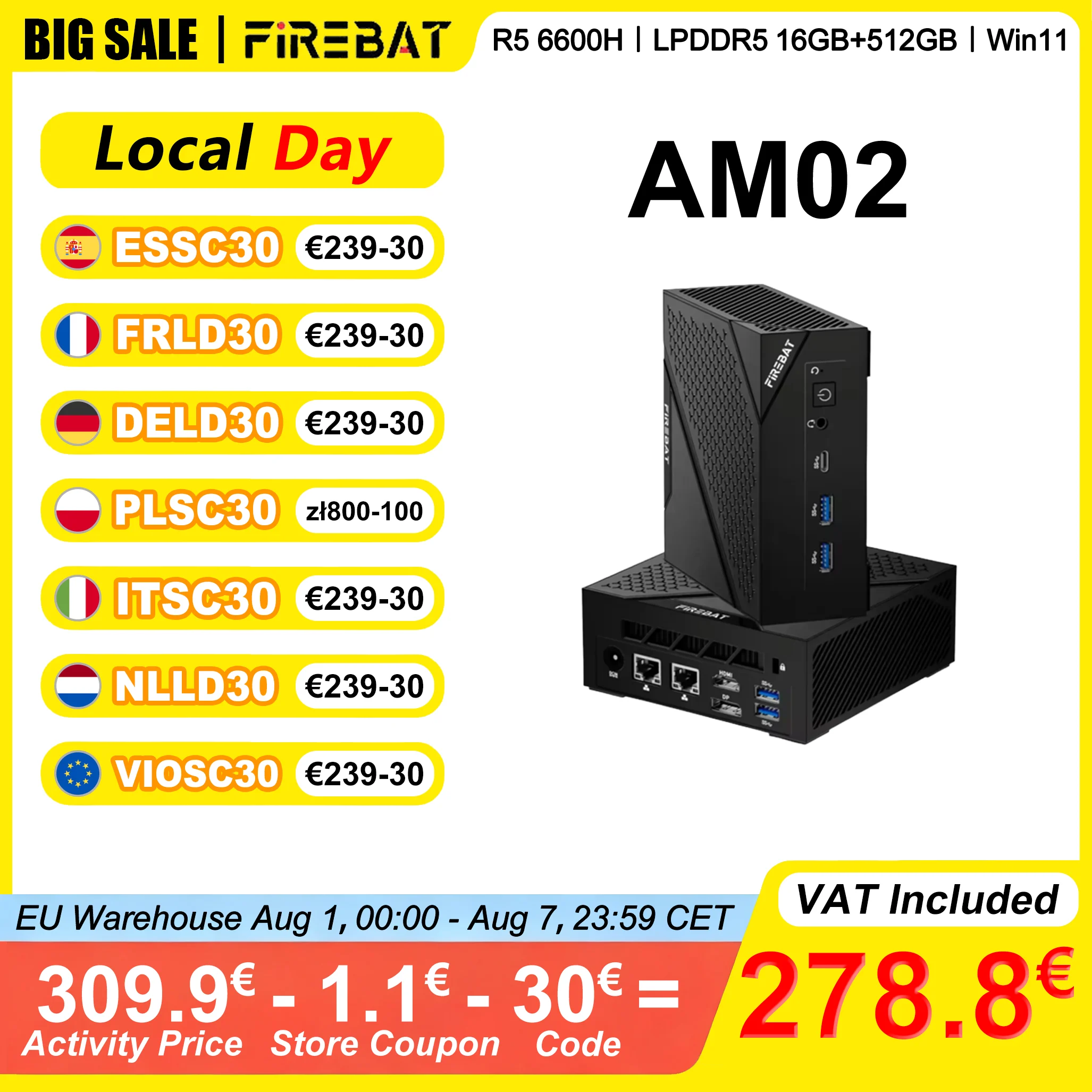 Mini PC FIREBAT AM02, AMD Ryzen 5 6600H, LPDDR5, 16GB RAM, 512GB SSD, Windows 11, WIFI6, Bluetooth 5.2, HDMI, 6 Núcleos, 12 Subprocesos