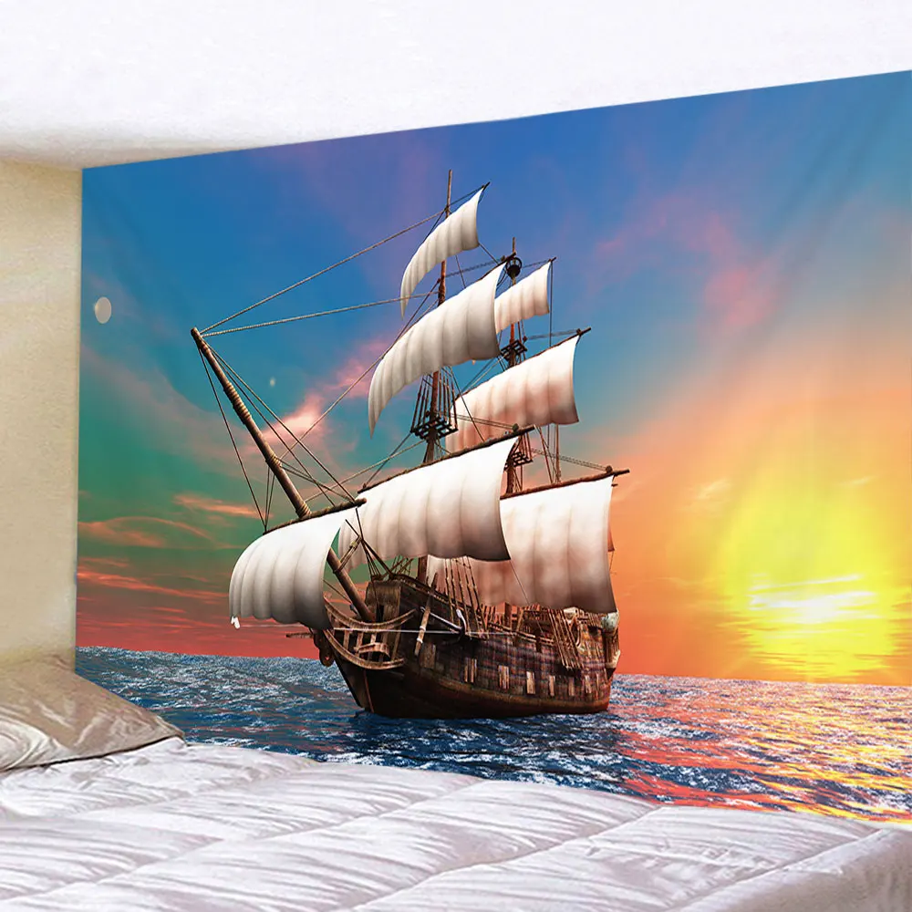 Beautiful Sea Sunset Nautical Tapestry Hippie Retro Pirate Ship Rune Skull Wall Hanging Psychedelic Home Room Decoration