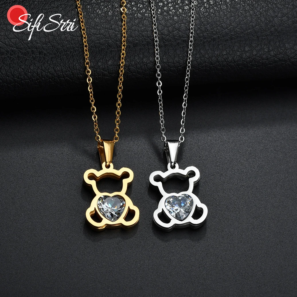 Sifisrri Fashion Hollow Zircon Cartoon Bear Pendant Necklaces For Women Girls Stainless Steel Link Chain Birthday Jewelry Gift