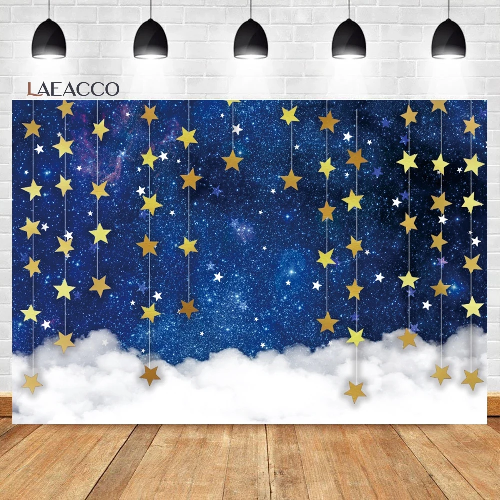 Laeacco White Clouds Newborn Photo Backdrop Blue Sky Glitter Stars Baby Shower Kids Cake Smash Portrait Photography Background